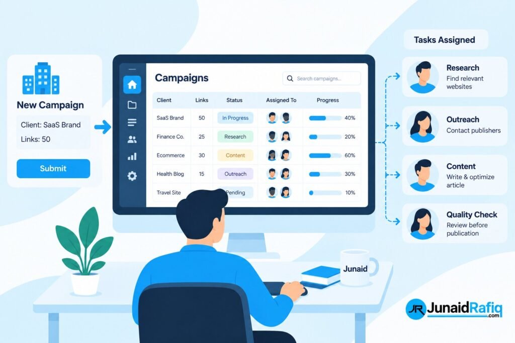 SEO campaign intake dashboard with tasks assigned to fulfillment team members