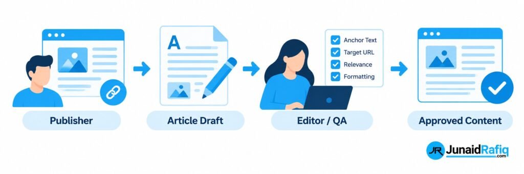 White-label link-building content workflow from publisher to article review and approved content